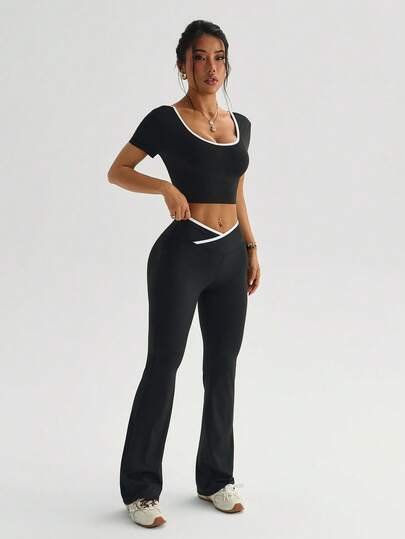 Dewbera Women's Contrast Trim Short Sleeve Fitted Cropped Sports Set, Summer