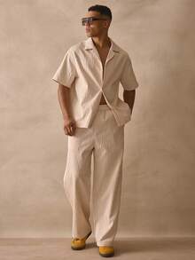Musero Slim Fit Pleated Trouser Button Through Short Sleeve Revere Collar Textured Co Ord Set Outfit Spring Summer Essentials - Apricot - View 2