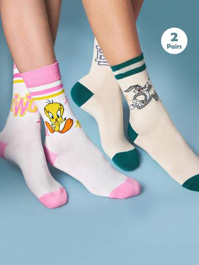 LOONEY TUNES X SHEIN 2双装柔软透气吸湿中筒袜，休闲简约百搭白色条纹袜，时尚可爱卡通船袜，加固袜头和袜跟，经久耐穿，男女皆宜，情侣四季皆可穿着，夏季冬季皆可搭配。