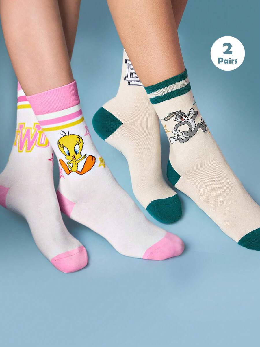 LOONEY TUNES X SHEIN 2双装柔软透气吸湿中筒袜,休闲简约百搭白色条纹袜,时尚可爱卡通船袜,加固袜头和袜跟,经久耐穿,男女皆宜,情侣四季皆可穿着,夏季冬季皆可搭配。 - 彩色 - 查看 1