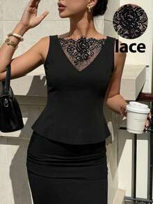Siren Gaze 女士无袖蕾丝拼接衬衫，春夏款 - 黑色 - 查看 7