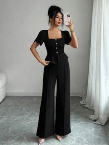 SHEIN Elenzya Bộ đồ công sở thanh lịch thời trang dành cho nữ gồm 2 món: Áo kiểu cổ vuông tay ngắn cài cúc vạt lệch và quần ống đứng cạp cao có chun co giãn. - màu đen - Xem 7