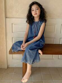 Dazy Kids 年轻女孩夏季休闲度假风刺绣无袖宽松牛仔上衣和阔腿牛仔裤套装 - 中等水洗藍 - 查看 4