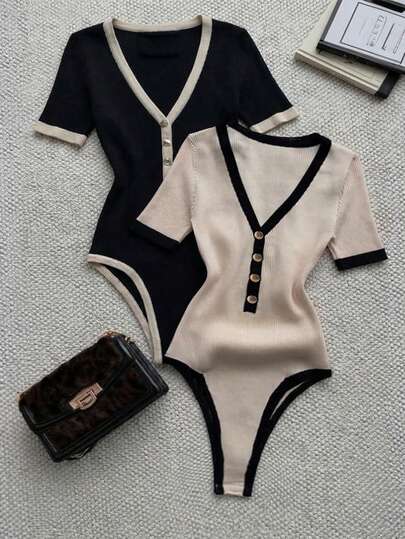 Airaco Women's Casual Contrast Color Trim Bodysuit, Summer