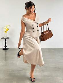 Firerie Plus Size Women's Beige Summer Smart Casual Office Elegant Minimalist Off-Shoulder Blazer Double-Breasted Jacket & High-Waist Umbrella Skirt Set - Khaki - View 3