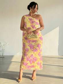 Firerie 大码女士优雅浪漫时尚通勤性感优雅不对称肩部修身长裙，适合派对、海滩度假、返校、浪漫约会、婚礼季、生日、复活节装扮、春夏连衣裙 - 黃色 - 查看 5