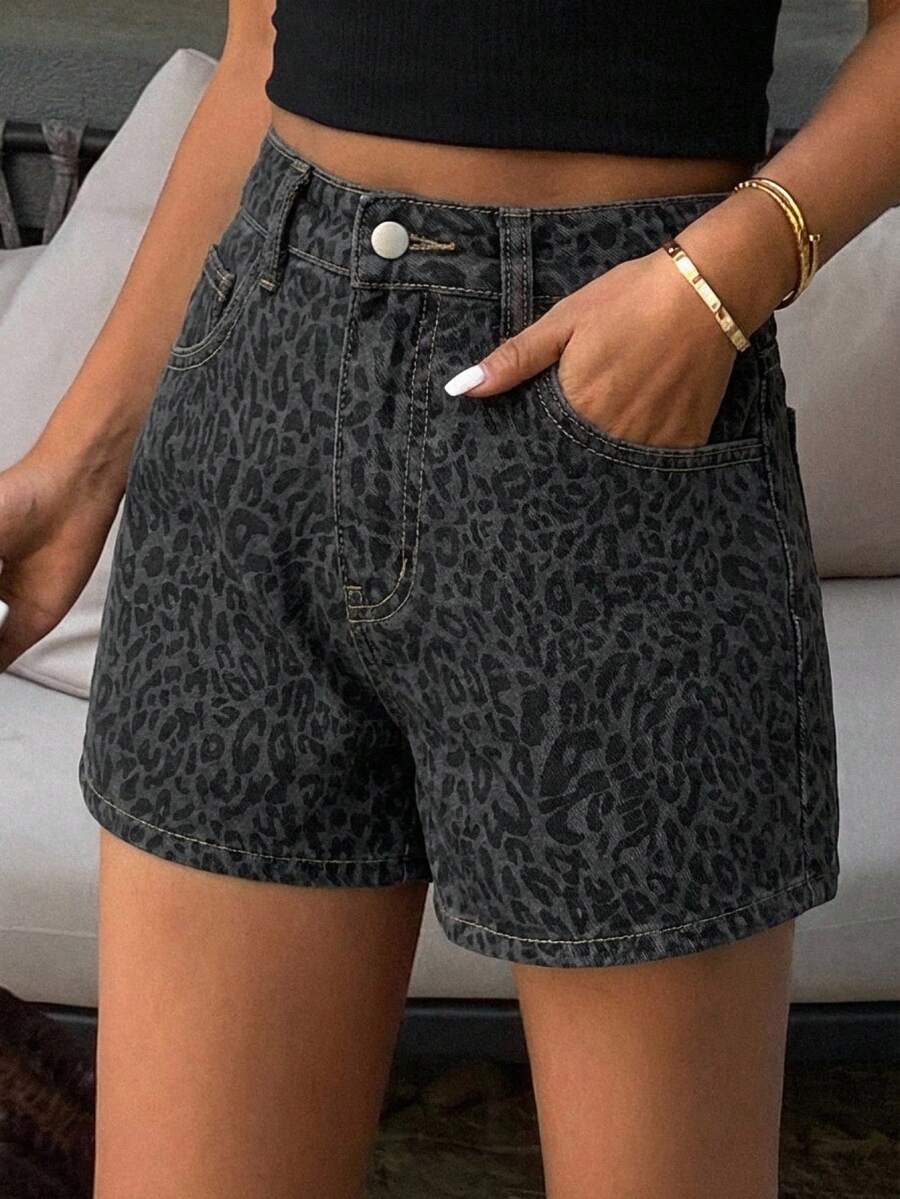 DAZY Quần short denim nữ họa tiết da báo dáng rộng, thoải mái, kiểu dáng mới mùa hè. - Xám - Xem 1