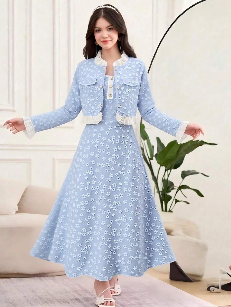 SHEIN 少女春秋优雅提花小花开襟褶皱蕾丝边长袖上衣和开衫，搭配简约吊带长裙，两件套适合日常外出、聚会和宴会。 - 淺藍色 - 查看 1