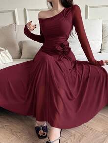 Feyla Women's Solid Color Asymmetric Shoulder Long Sleeve Floral Decor Elegant Dress - Burgundy - View 7