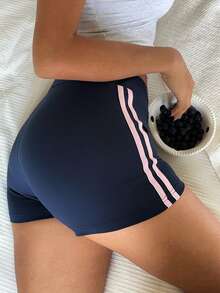 CovetEZ Casual Contrast Stripe Fitted Women Shorts - Blue - View 4