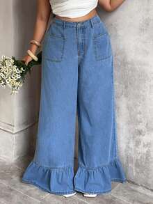 Sunnyshic Plus Size Solid Color New Ruffled Hem Loose Pocket Jeans - Blue - View 9