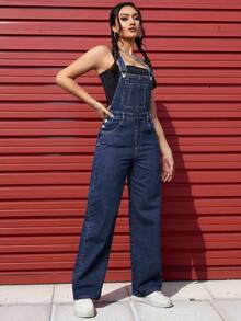 SHEIN PETITE Quần yếm denim ống đứng có túi dành cho nữ, phong cách thường ngày. - Rửa tối - View 5