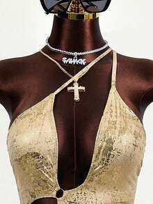 Zestiva Women's Metal Texture One-Piece Swimsuit, Suitable For Beach Vacation, Pool Party, Beach Party Woman Body Suit Bodysuits For Ladies - Gold - View 6