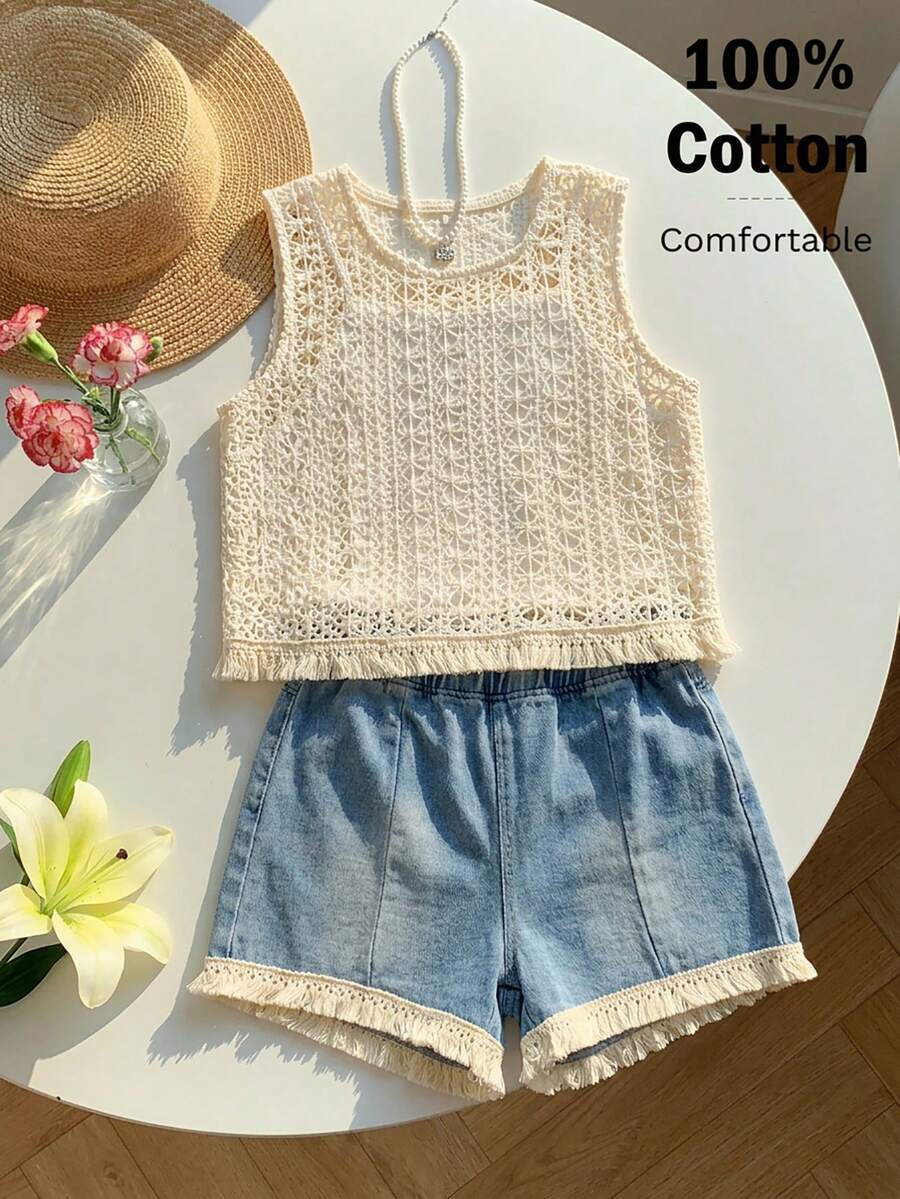 Sparklyn Girls Casual Vacation Knit Fitted Camisole Tank Top, Summer Spaghetti Strap Tops, Soft & Slim Fit, Fashionable Design Suitable For Vacation, Travel, Campus And Daily Wear - White - View 1