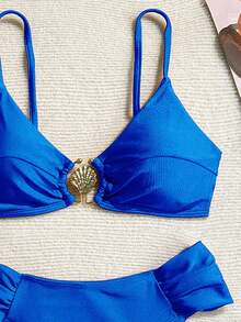 Swim Basics 女士夏季沙滩纯色金属装饰连体休闲比基尼和三角泳裤套装 - 寶藍色 - 查看 5