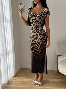 Modelyn Women's Summer Square Neck Ombre Leopard Print Fishtail Hem Bodycon Dress - Multicolor - View 3