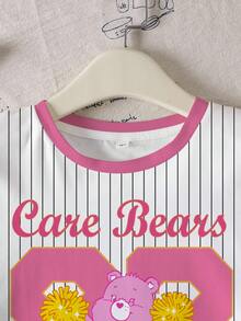 SHEIN X Care Bears 少女休闲条纹小熊印花圆领短袖T恤，夏季 - 白色 - 查看 4