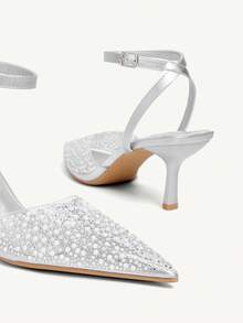 CUCCOO CHICEST 女士仿珍珠水钻透明银箔闭趾细高跟鞋，性感优雅尖头穆勒鞋，适合圣诞节、婚礼等场合穿着。 - 銀色 - 查看 9