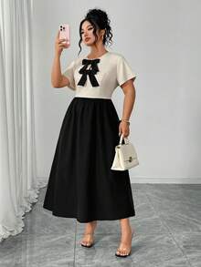 Elenzga 大码女士优雅时尚方领短袖纯色连衣裙 - 黑與白 - 查看 3