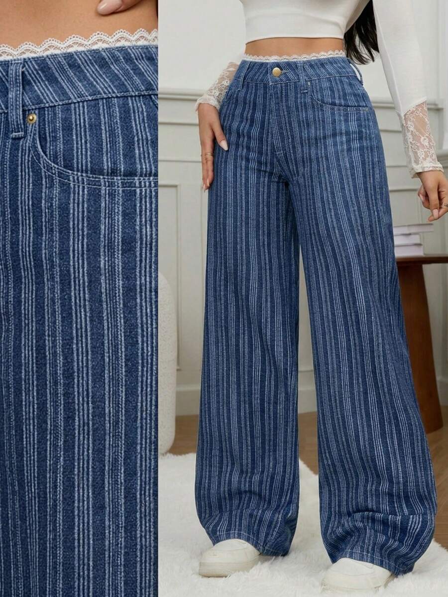SHEIN Tall 冬季女式时尚通勤优雅蕾丝腰带拼接细节条纹阔腿黑色牛仔裤 - 中等水洗藍 - 查看 1