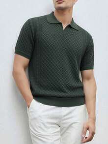 Manfinity Homme 男士纯色 Polo 领短袖休闲针织上衣 - 軍綠色 - 查看 3