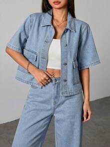 SHEIN 少女纯色水洗深蓝色牛仔衬衫翻领短袖上衣夏季牛仔套装办公室穿搭学院风女装秋季衬衫，返校季女装，校园上衣，返校节服装 - 淺色水洗藍 - 查看 3