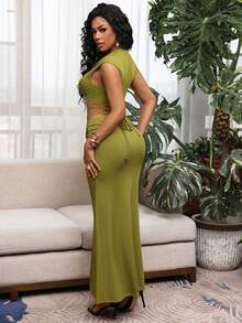 女士时尚不规则短袖吊带背心，腰部交叉镂空修身性感迷人精致年轻优雅浪漫休闲度假外出派对连衣裙，春夏短袖上衣和半裙两件套 - 綠色 - 查看 2