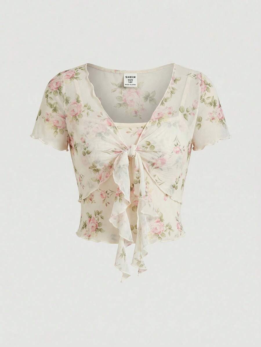 SHEIN Girlism 少女优雅碎花系带短袖露脐T恤 - 杏色 - 查看 1