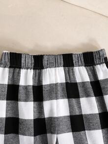 SHEIN 两件套少女夏季休闲蕾丝边可调节吊带背心和格子裤睡衣套装，贴身睡衣 - 黑與白 - 查看 6