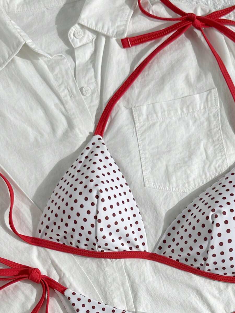 Swim Mod Conjunto de bikini de 2 piezas con parte superior de halter y Bottom con lazos laterales con estampado de lunares para mujer, paquete de bikini de playa de verano, conjunto de bikinis de lunares blancos para mujer - Multicolor - Ver 1