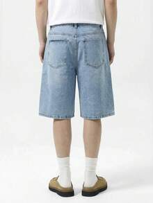 SWAVVY Men's Solid Color Casual Straight Loose Fit Summer Versatile Denim Shorts - Blue - View 3