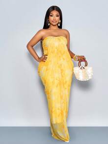 SOLERSUN 女士优雅纯色不对称领侧抽绳褶皱时尚亚麻质感连衣裙 - 黃色 - 查看 7