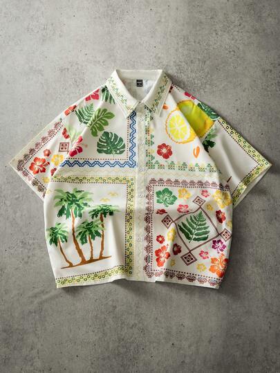 PAVTROS Men's Casual Plant Print Button-Front Short Sleeve Shirt, Suitable For Summer Vacation