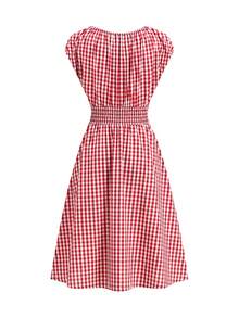 Ellevyn Vestido casual de media longitud con cintura fruncida y lazo a cuadros para mujer - Rojo y blanco - Ver 2