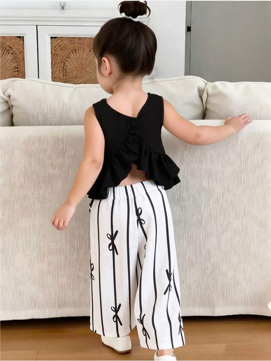 SHEIN Elladie kids 少女夏季家庭度假套裝，純色荷葉邊無袖上衣搭配條紋寬腿褲，休閒兩件式女童套裝