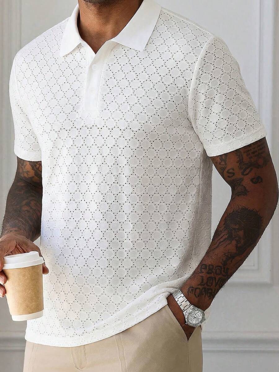 HUEFORM 男士短袖纹理面料Polo衫，适合外出、聚会和度假穿着 - 白色 - 查看 1