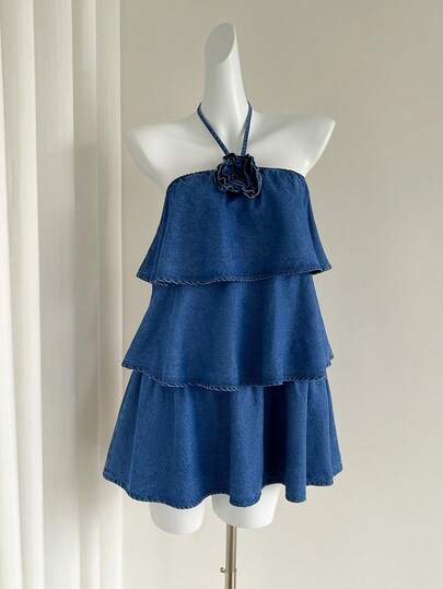 Elamini Women's 3D Floral Decor Multi-Layer Ruffle Trim Denim Dress