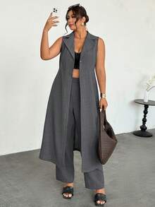 Firerie Plus Size Women Long Sleeveless Blazer Suit In Spring/Summer Formal Suit Sets For Elegant Women Fall/Winter - Dark Grey - View 4