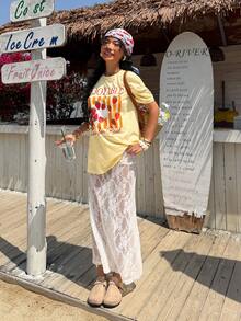Muchica Camiseta de manga corta casual de verano con estampado de rayas y fresas - Amarillo - Ver 4