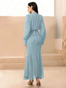 Graceveil Đầm nữ kiểu Pháp, eo cao, thắt eo - Màu xanh bụi bặm - Xem 2