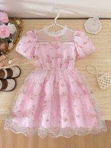 Elladie kids 女童优雅花瓣袖玫瑰提花蕾丝网纱公主裙，女童夏季新款时尚仙女裙，1 件套 - 粉色 - 查看 5