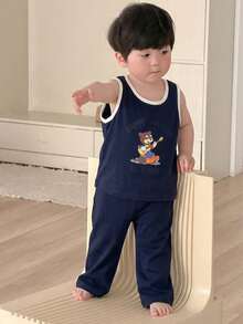 DAZY 2件組男嬰卡通印花圓領背心與長褲睡衣套裝 夏季幼兒 - 藍色 - 查看 3