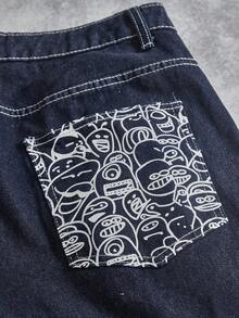 Manfinity ZONE917 男士时尚口袋印花宽松牛仔裤 - 深色水洗藍 - 查看 4