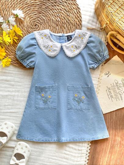 Vintaside Kids Baby Girls' New Light-Washed Casual Loose A-Line Short Sleeve Denim Dress, Featuring Daisy Embroidery And White Collar Design. Made Of Lightweight Soft Cotton Denim, A Must-Have Fashionable Item For Stylish Girls. Suitable For Spring/Summer Wear, Casual, OOTD, Outing, Party. 2026 Summer New Arrival