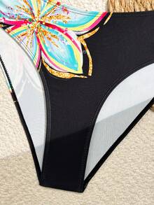 Swim Lushoire 新款夏季女士吊带露背深V领珍珠交叉系带侧三角泳裤印花休闲度假泳装套装 - 彩色 - 查看 5