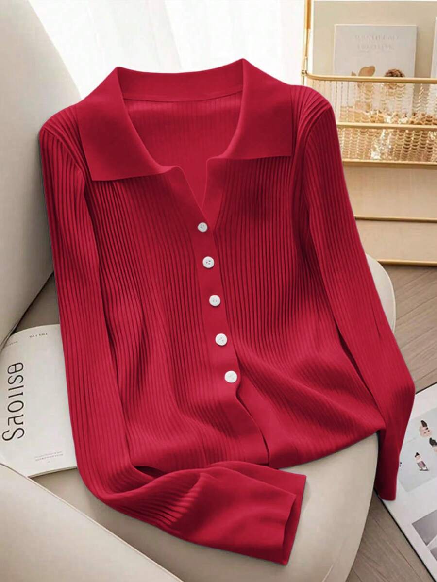 SHEIN Franclia 新款春秋季修身短款法式Polo领时尚百搭女士针织开衫 - 紅色 - 查看 1