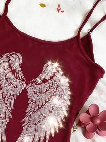 IslaSuriya Camiseta sin tirantes minimalista con decoración de alas de strass, un regalo para amigos - Burdeos - Ver 3