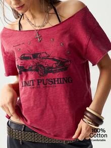 Bohemela 女士休闲纯色针织不对称领短袖宽松T恤 - 紅色 - 查看 2