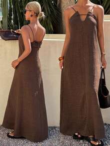 DAZY Đầm hai dây buộc dây bằng vải dệt họa tiết dành cho nữ, kiểu dáng nghỉ mát. - màu nâu - Xem 2