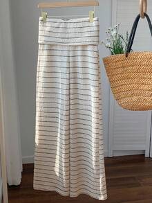 Comfortcana 2026春夏新款女式杏色纹理条纹长款阔腿裤，适合冬季、复活节、派对、海滩、婚礼、毕业典礼、优雅、休闲、度假、运动、正式场合、Y2K、商务场合，饰有亮片、流苏、荷叶边、花朵、图案等元素。 - 杏色 - 查看 6